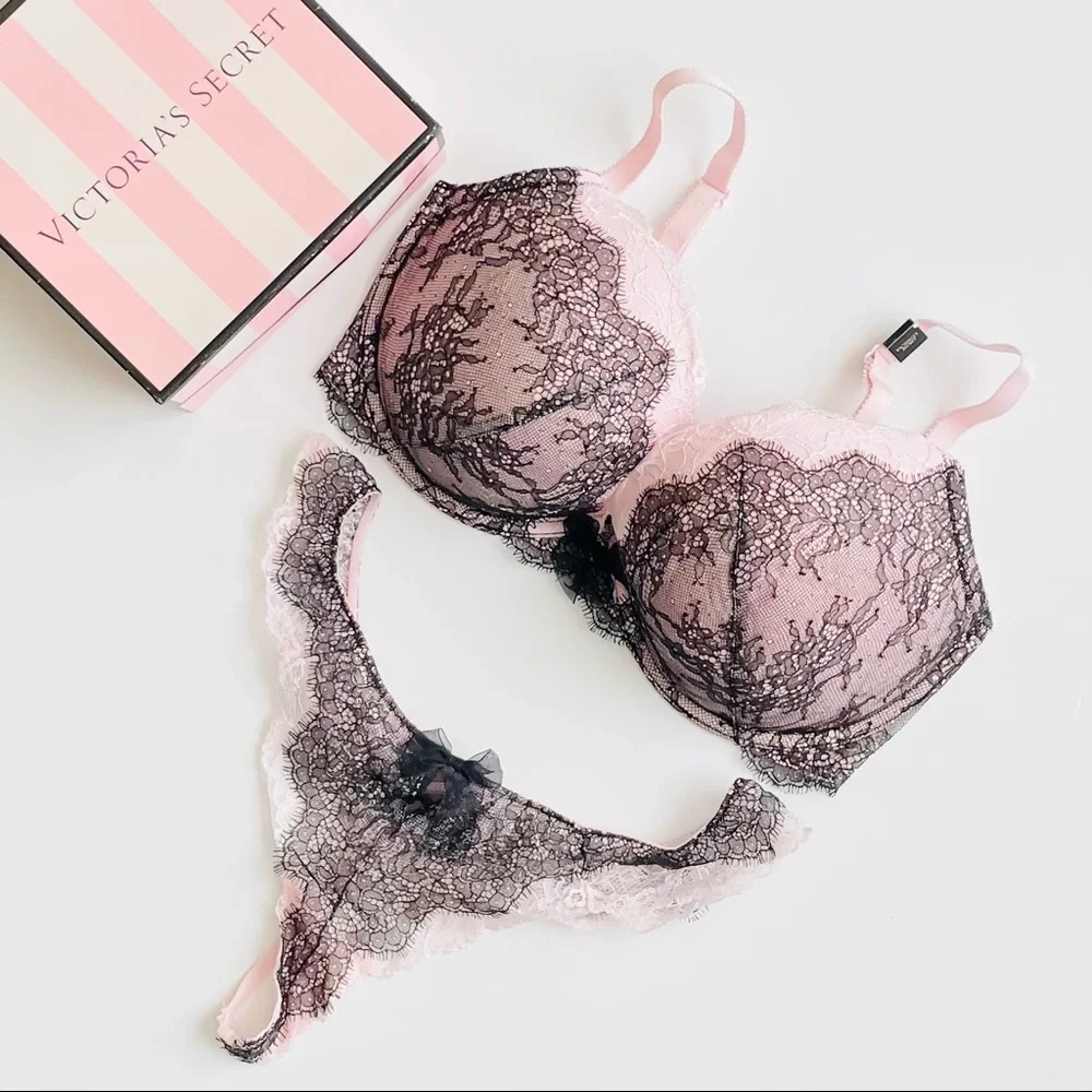 Victoria's Secret Pink and Black Lace Push-Up Bra & Thong Set